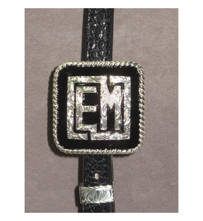 Custom Headstall Buckle Silver Letters on Black Background